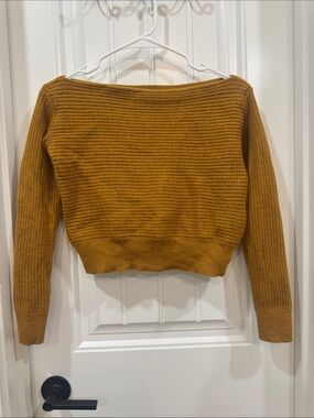 Babaton Mustard Off-the-Shoulder Ribbed Sweater